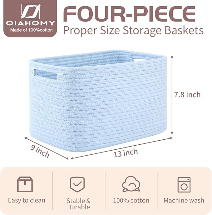 OIAHOMY 4 Pack Storage Baskets for Organizing, Cube Storage Bins for Shelves, Rectangle Storage Baskets With Handles, Woven Baskets for Storage, 12.7''Lx9''Wx7.8''H, Light Blue