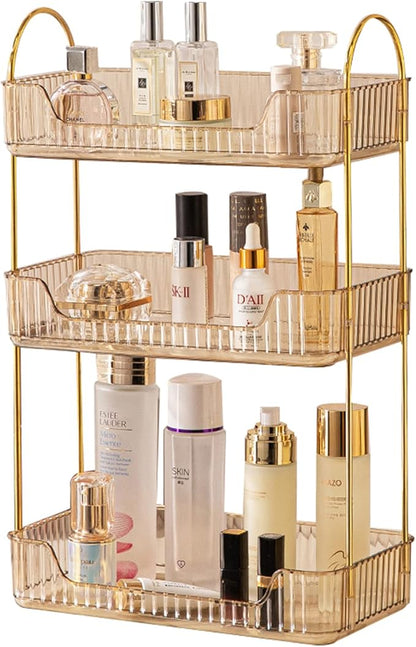 shuang qing 3 Tier Bathroom Counter Organizer Countertop Storage, Cosmetics Skincare Shelf Organizer, Makeup Organizer Perfume for Dresser Vanity Tray, Spice Rack Organizer for Kitchen - Gold