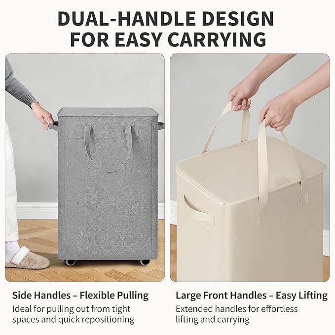 Goodpick Black Laundry Basket with Wheels and Lid, 75L Rolling Laundry Hamper for Dorm Bathroom, Large Tall Dirty Clothes Hamper with Removable Wash Bag, 16.5" x 12.5" x 27.5"