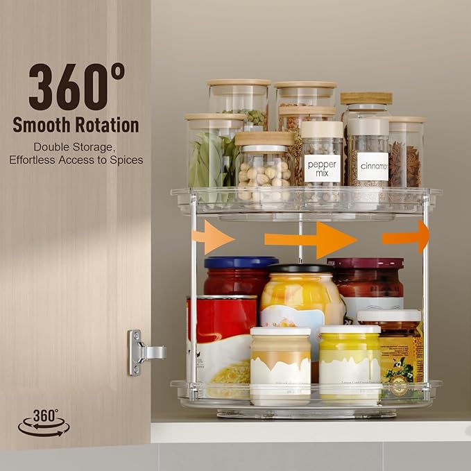 2 Tier Lazy Susan Organizer, 9.25'' Lazy Susan Turntable for Cabinet, Stackable Turntable Organizer Rotating Spice Rack Organization for Kitchen Countertop, Pantry, Bathroom, Clear