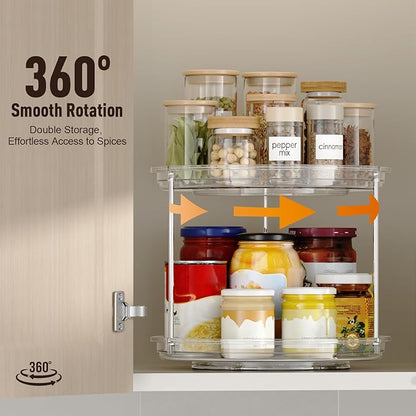 2 Pack 2 Tier Lazy Susan Organizer, 9.25'' Lazy Susan Turntable for Cabinet, Stackable Turntable Organizer Rotating Spice Rack Organization for Kitchen Countertop, Pantry, Bathroom, Clear