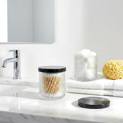2 Pack Qtip Holder Bathroom Set - Glass Apothecary Jars with Lids, Canisters for Cotton Balls.Swabs, Floss Picks, Hair Ties - Vanity Organizer & Vintage Bathroom Storage (Clear)