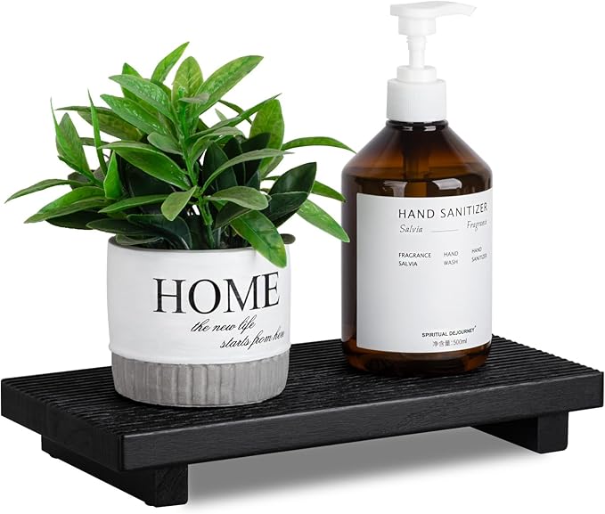 Bathroom Tray Farmhouse Decor Pedestal Stand Wood Riser Display Kitchen Accessories Soap Holder for Sink, Counter, Vanity, 11 * 5.5 Black