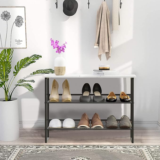 Garden 4 you Shoe Rack for Entryway 3 Tiers 11.8" D x 25" W x 20" H, Metal Shoe Rocks with White Wooden Tabletop, Angled Shoes Rack with Adjustable Mesh Shelves for Entryway Hallway Closet