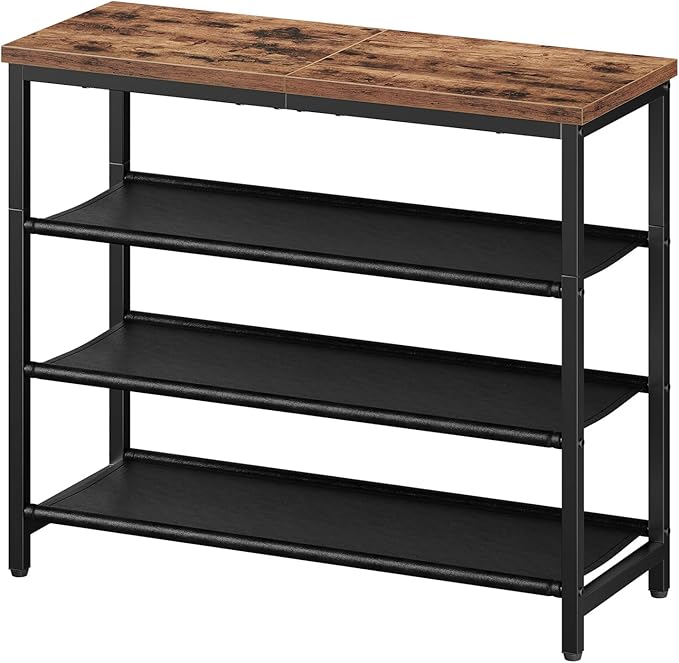 HOOBRO Shoe Rack with 3 PU Shelves, 4-Tier Shoe Storage Organizer for Closet and Entryway, Holds 9-12 Pairs of Shoes, Sturdy Metal Frame, Small Spaces, Rustic Brown and Black BF94XJ01