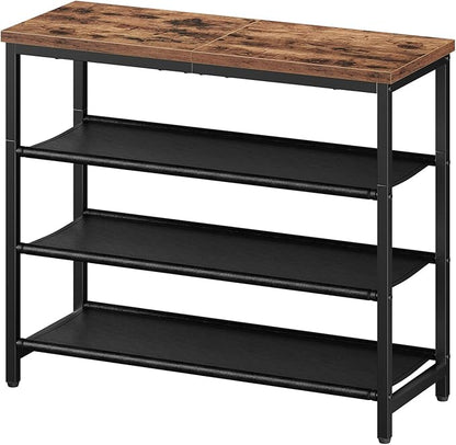 HOOBRO Shoe Rack with 3 PU Shelves, 4-Tier Shoe Storage Organizer for Closet and Entryway, Holds 9-12 Pairs of Shoes, Sturdy Metal Frame, Small Spaces, Rustic Brown and Black BF94XJ01