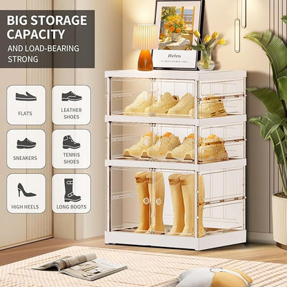 CIMLORD 3-Tier Foldable Shoe Rack for Closet Entryway 3-6Pairs,Stackable Clear Shoe Storage Boxes Organizer with Door Plastic Shoe Cabinet Bins with Lids Shoes Shelf Easy Assembly Large White