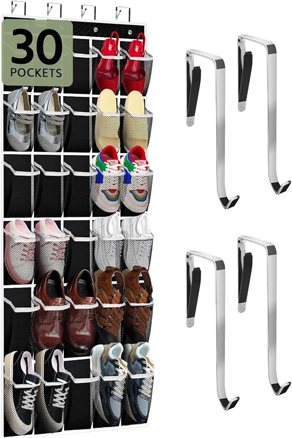 PAULONE Over the Door Organizer with 30 Large Pockets, 3 Sizes of Closet Hangers, Holds up to 69 lbs, Hanging Organizer with Clear Window for Children's Toys, Shoes, Diapers (Black)