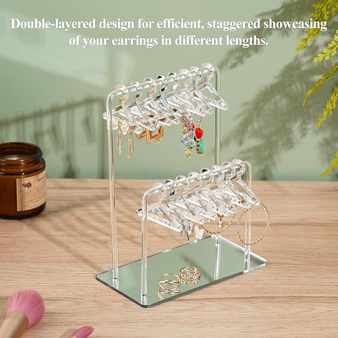 NiHome Acrylic Earring Holder with Unique Double-Tiered Design, Cute Miniature Clothing Hangers with Spacious Storage for 48 Pairs, Mirror-Finish Display for Home Vanity & Retail Showrooms (Silver)