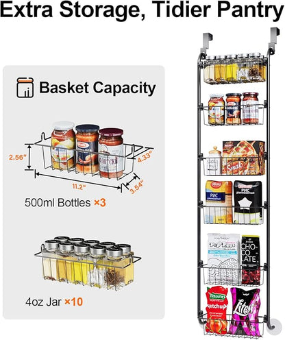 Delamu Narrow Over the Door Pantry Organizer, 6-Tier Metal Pantry Door Organization and Storage for Easy Install, Hanging Spice Rack Seasoning Shelves for Cabinet & Kitchen, D5 x W13 x H50 inch, Black