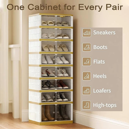 SYNCVIBE Shoe Rack Organizer for Closet Entryway Foldable Sneaker Storage Shoe, Collapsible Shoe Cabinet, Stackable Shoe Storage Cabinet with Lids for Living Room (9 Tiers -18 Pairs White Gold)