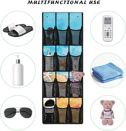 Beach Starfish Design Space Saving Hanging Shoe Organizer,Entryway Bedroom Bathroom Storage Bags with 12 Mesh Large Pockets Waterproof Reusable
