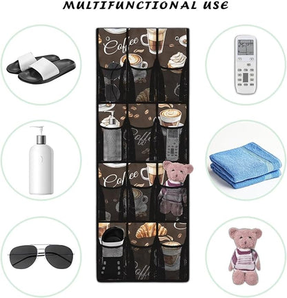 Versatile 12-Pocket Behind The Door Hanging Organizer, Made of Oxford Cloth, Waterproof Foldable and Perfect for Bathroom Bedroom Closet Storage, Coffee Print