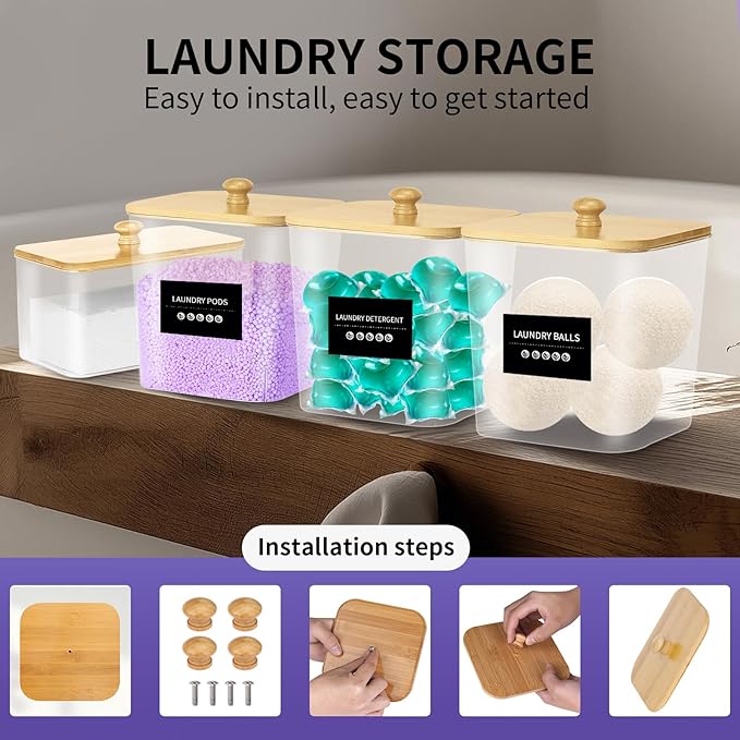 4-Pack Laundry Pods Container, Laundry Room Organization Containers,Large Laundry Detergent Powder Storage Containers with Wooden Lids & Labels,Clear Laundry Pod Holder for Scent Booster/Powder/Pods