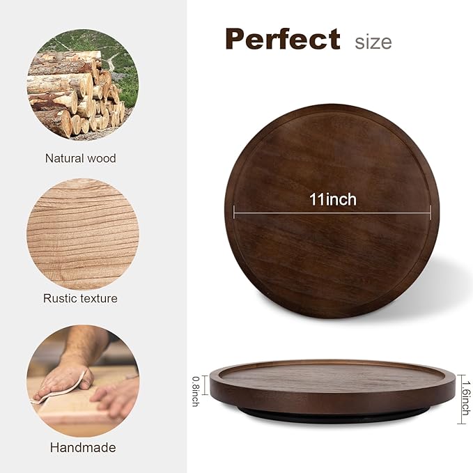 Wood Lazy Susan Organizer Kitchen Turntable for Cabinet Farmhouse Bathroom Decor Round Decorative Tray for Vanity, Counter, Sink, Coffee Table, 11 Inch, Walnut
