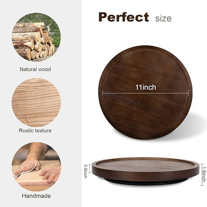 Wood Lazy Susan Organizer Kitchen Turntable for Cabinet Farmhouse Bathroom Decor Round Decorative Tray for Vanity, Counter, Sink, Coffee Table, 11 Inch, Walnut