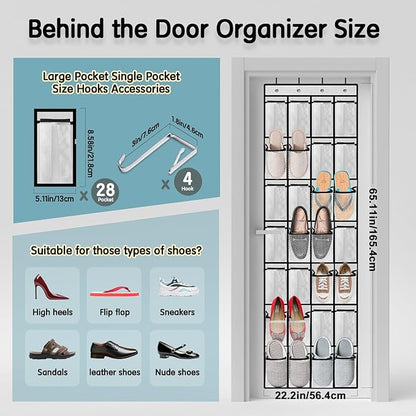 Kotkn 28 Compartment Over the Door Shoe Organizer, Breathable Mesh Large Shoe Rack for Closet Storage, Space Saving Hanging Shoe Holder with Reinforced Hooks (Fits Men & Women,White-01)