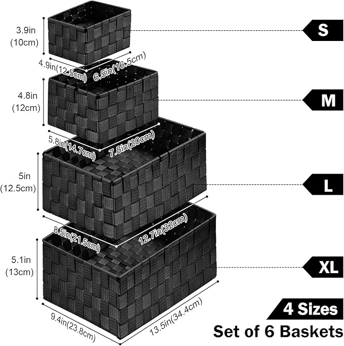 Woven Storage Baskets, Storage Bins, Cube Basket Container Baskets Storage Boxes Organizers for Clothes/Shelves/Closet, Set of 6 (Black)