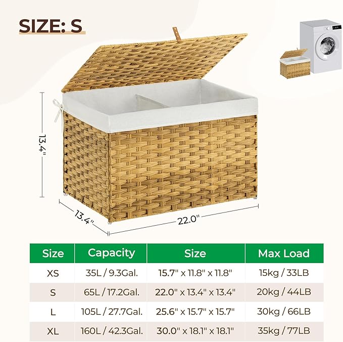 GREENSTELL Storage Basket with Lid, 17.2 Gallon(65L) Small Wicker Blanket Storage Basket with Handles, Foldable, 2 Removable Liner Bags, Metal Frame, for Bedroom, Laundry Room, Natural