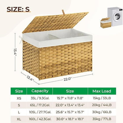 GREENSTELL Storage Basket with Lid, 17.2 Gallon(65L) Small Wicker Blanket Storage Basket with Handles, Foldable, 2 Removable Liner Bags, Metal Frame, for Bedroom, Laundry Room, Natural