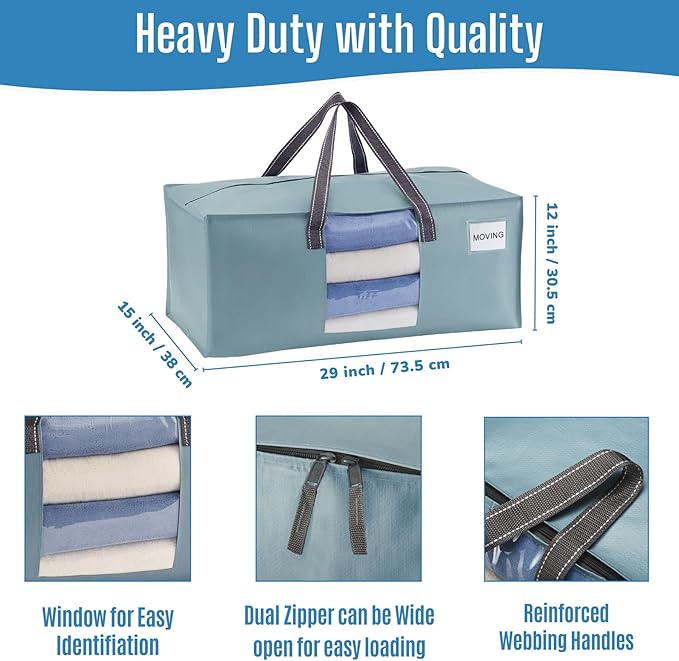 VENO 4 Pack Heavy Duty Moving Bags, Packing Bags with Clear Window, Alternative to Moving Boxes, Storage Bins for Clothes, Blankets, Comforters, College Dorm Essentials (Light Blue Matte, 4 Pack)