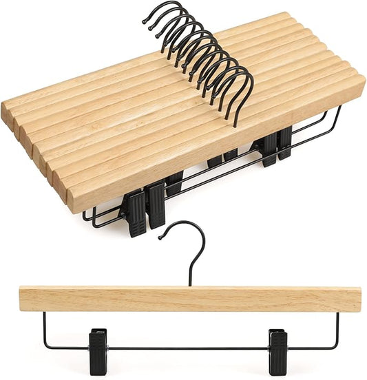 TOPIA HANGER Pants Hangers 10 Pack, Wooden Clothes Hangers with Black Clips and Rotatable Hook, Durable Natural Rubber Wood Hangers for Skirts, Pants, Jeans, Shorts - CTS02N