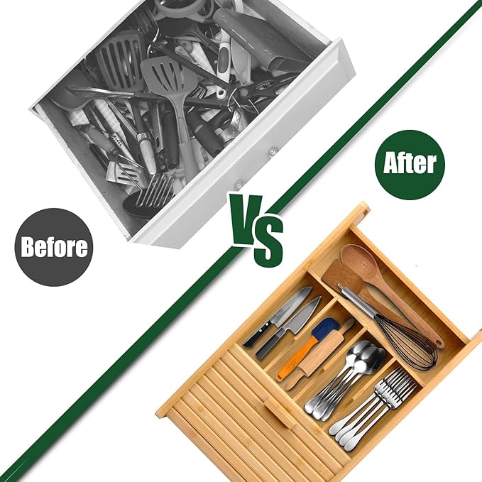 KozyKoala & Co. Bamboo Drawer Organizer with Sliding Lid - 5 Slot Kitchen Drawer Organizer & Utensil Holder - Wood Bamboo Cutlery Tray for Flatware & Multipurpose Storage for Home & Office