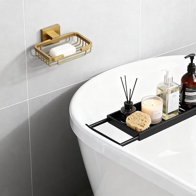 SEIDO Gold Soap Dish for Shower, 304 Stainless Steel Double-Locking Soap Holder, Wall Mount Soap Bar Holder for Shower, Hollowed-Out Drainage, 4.8" L x 3.2" W Internal, for Soap, Sponge, Keys