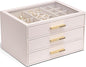 VLANDO Jewelry Box for Women, Glass Lid Jewelry Organizer with 3 Drawers for Necklaces Rings Earrings Bracelets - Light Pink