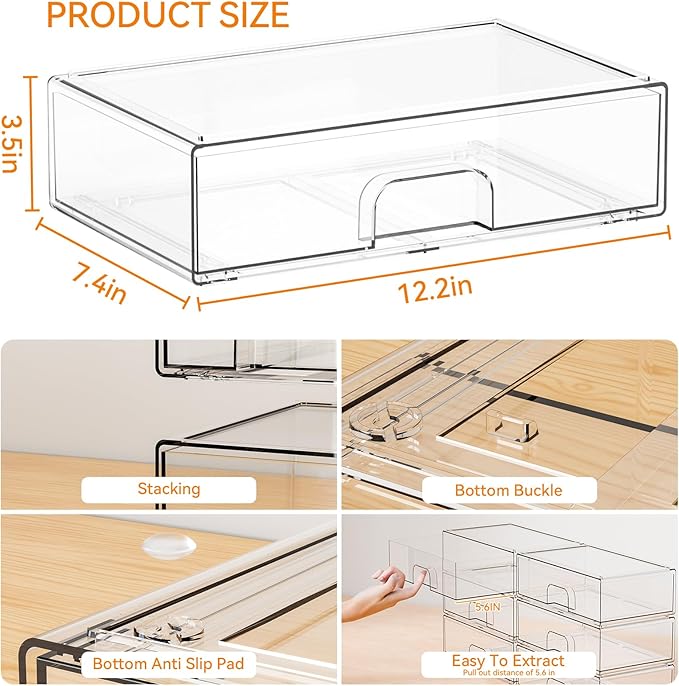 Yieach 12.2''W Clear Stackable Storage Drawers,4 Pack Acrylic Drawers,Bathroom Organizer Bin and Plastic Makeup Organizer,Clear Stacking Brightroom Storage Boxes for Vanity,Cabinet,Pantry Organization