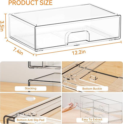 2 Pack Acrylic Drawer Organizer,12.2''W Clear Stackable Storage Drawers,Acrylic Boxes for Storage Makeup Palettes,Cosmetics,Pull Out Bathroom Storage Bins for Hair Products,Medicine Cabinet Organizer