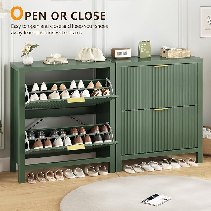 YOMILUVE Fluted Shoe Storage Cabinet with 2 Flip Drawers, Freestanding Shoe Organizer, Hidden Slim Narrow Shoe Rack for Entryway, Hallway, Green