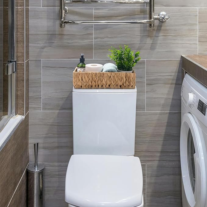 Wicker Toilet Tank Basket, Toilet Paper Basket for Back of Toilet Tank Top, Woven Water Hyacinth Bathroom Storage Basket for Organizing and Decor (14.2 x 6.5 x 3.7 inch)