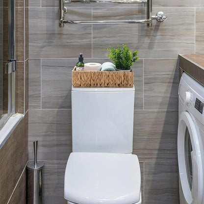 Wicker Toilet Tank Basket, Toilet Paper Basket for Back of Toilet Tank Top, Woven Water Hyacinth Bathroom Storage Basket for Organizing and Decor (14.2 x 6.5 x 3.7 inch)