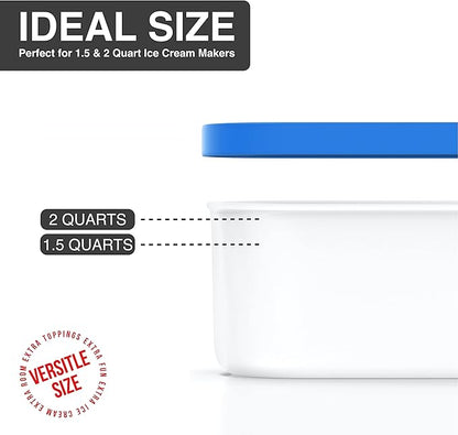 BALCI - Ice Cream Container - 2 Quart - Perfect Reusable Freezer Storage for Homemade Ice Cream Tubs for Sorbet, Frozen Yogurt and Gelato! - Flexible Silicone Lids, Long Scoop, Stackable - Blue