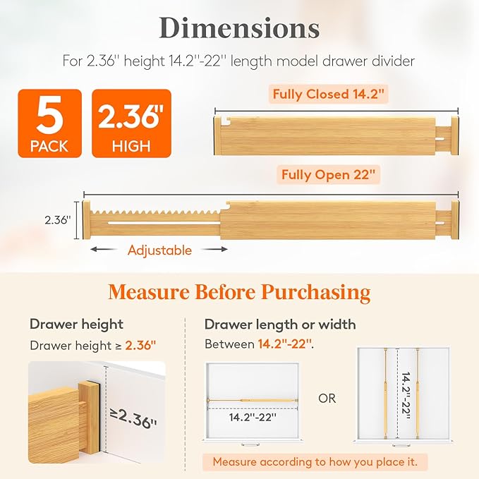 Lifewit 2.36" High 5 Pack Bamboo Drawer Dividers, 14.2-22" Expandable Kitchen Drawer Dividers, Adjustable Drawer Dividers for Clothes, Drawer Separators for Dresser, Kitchen, Bedroom, Bathroom
