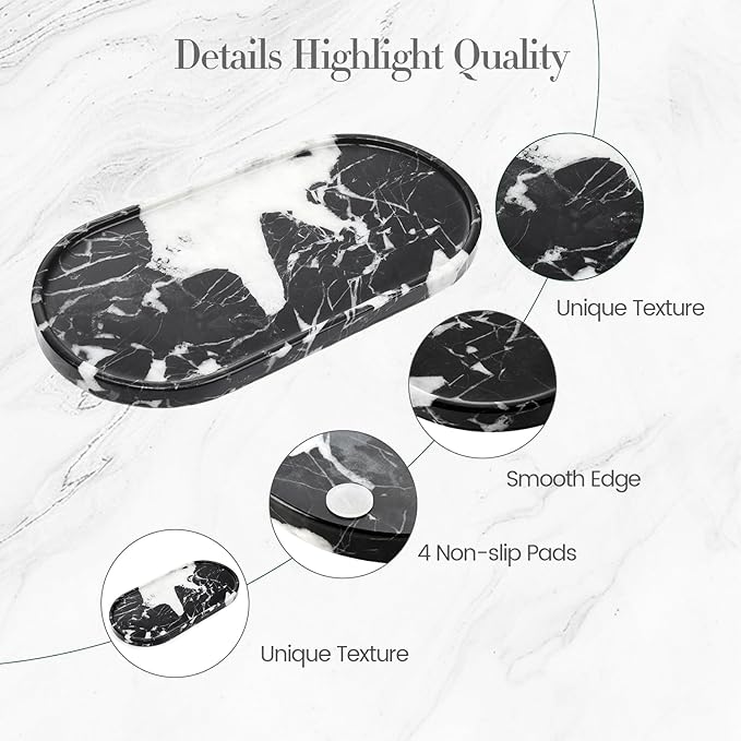 Natural Marble Tray Bathroom Tray, Luxury Decorative Trays for Bathroom, Vanity, Dresser, Kitchen & Home Decor, Valentine's Day House Warming Gifts New Home (Black)