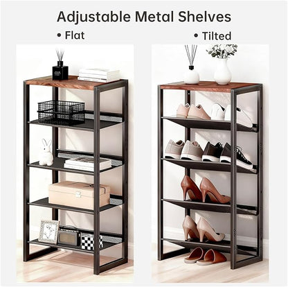 5 Tier Metal Shoe Rack, Sturdy Steel Frame with Rust-Proof Coating, MDF Top, Adjustable Flat Inclined Mesh Shelves, Anti-Tip Scratch-Resistant Feet, Sleek Show Rack for Entryway, Hallway, Garage