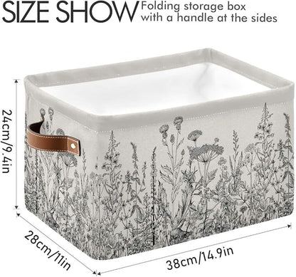 Black and White Flowers Storage Baskets,Decorative Collapsible Rectangular Canvas Fabric Storage Bin for Home