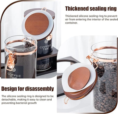 Glass Coffee Canister Set with Wooden Shelf, 2 Pack 45oz Airtight Food Storage Containers with Lids & Spoons, Large nisters for Coffee Beans, Sugar, Tea, Nuts