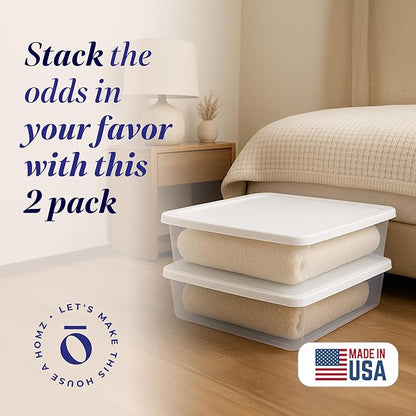 HOMZ 2-Pack Snaplock, Small Clear Plastic Storage Organizer Bins w/ Lids, 28 Quart, White - Stackable Container Boxes for Bedroom, Bathroom, Garage, and Office Organization