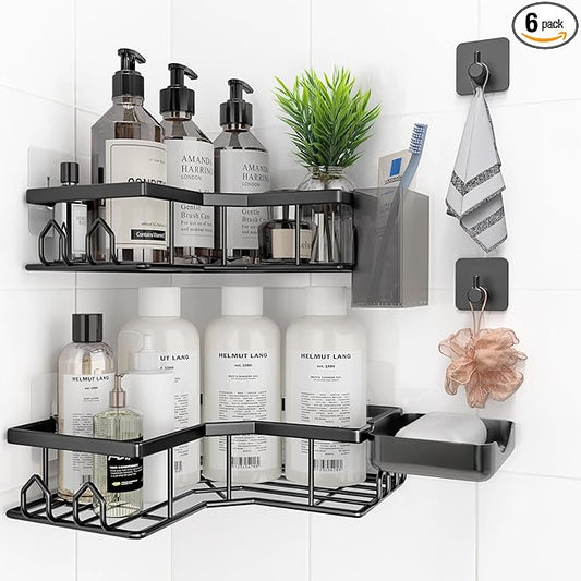 Adhesive Shower Caddy, 6 Pack Corner Bath Organizer, Rustproof Stainless Steel Shower Shelves with Large Capacity, No Drilling Shelves for Bathroom Storage, Home, Kitchen Decor