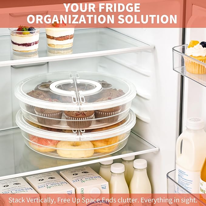 2 Pack 12inch Food Storage Container with Lid and Handle, Reusable 2 Compartments Pizza Slice Storage Container, Round Clear Pie Carrier Leftover Pizza Keeper for Cake Cheesecake Tortilla Pastry