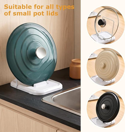 Pot Lid Holder with Spoon Rest for Stove Top and Kitchen Counter, Foldable Pot Lid Organizer with Non-Slip Pads for Lids, Spoons and Spatulas, White