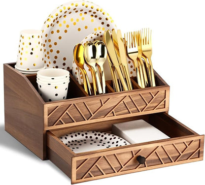 Marsui Paper Plate Dispenser, Wood Rustic Paper Plate Holder for Countertop with Drawer Silverware Utensil Caddy, Cutlery Flatware Organizer for Spoon Fork Napkins Kitchen Parties(Wood-burned Brown)