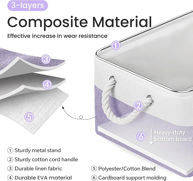 Large Storage Baskets- 15.7x11.8x8.26 inch Storage Bins for Shelves and Closet Organizing, Foldable Fabric Bin for Home Organization Clothes and Laundry (6-Pack, White&Purple)