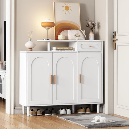 JIVOIT Shoe Cabinet with Adjustable Shelves and Drawer, Cream Style Storage Sideboard with Arched Doors, Solid Wood Legs, Wood Shoe Rack for Entryway, Living Room (White,164)