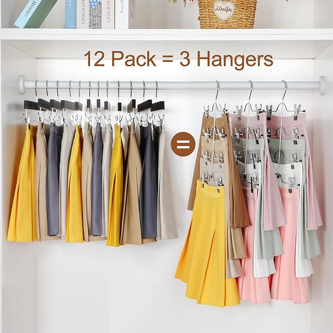 TOPIA HANGER 4 Tier Metal Skirt Hangers for Women, Pants Hanger Space Saving with Adjustable Clips, Gain 70% More Space, Non Slip Grip for Slacks, Trousers, Shorts, Jeans, Towels, Black, 3-Pack, CT24B