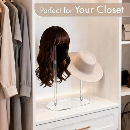 Hat Display Stand with Clear Acrylic Dual-Rod Dome Support, 2-Tier Desktop Holder for Baseball Caps, Cowboy Hats & Wigs, Modern Organizer for Bedroom, Closet or Retail Use