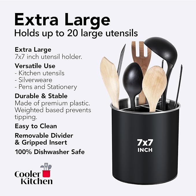 Cooler Kitchen Black Rotating Extra Large Stainless Steel Utensil Holder Caddy with Sturdy No-Tip Weighted Base, Removable Divider, and Gripped Insert - Dishwasher Safe Metal Cooking Utensil Holder